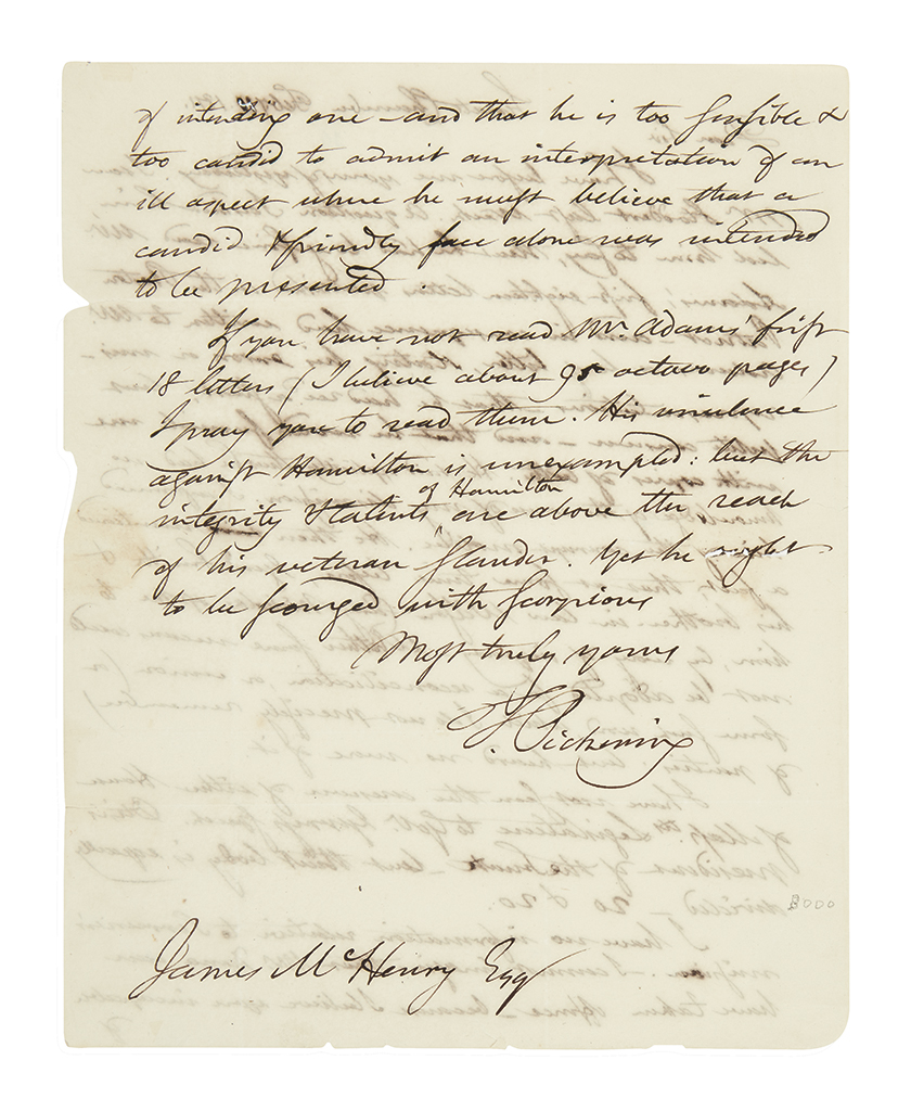 PICKERING, TIMOTHY. Autograph Letter Signed, T. Pickering, as Senator, to former Secretary of War James McHenry,